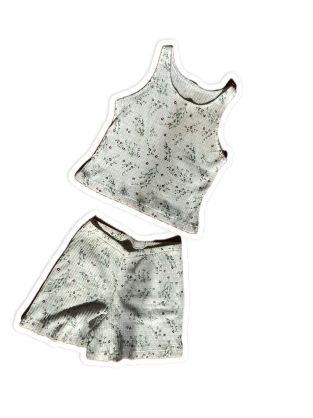 Ribbed Floral Tank & Shorts Sleep Set - Light Sage